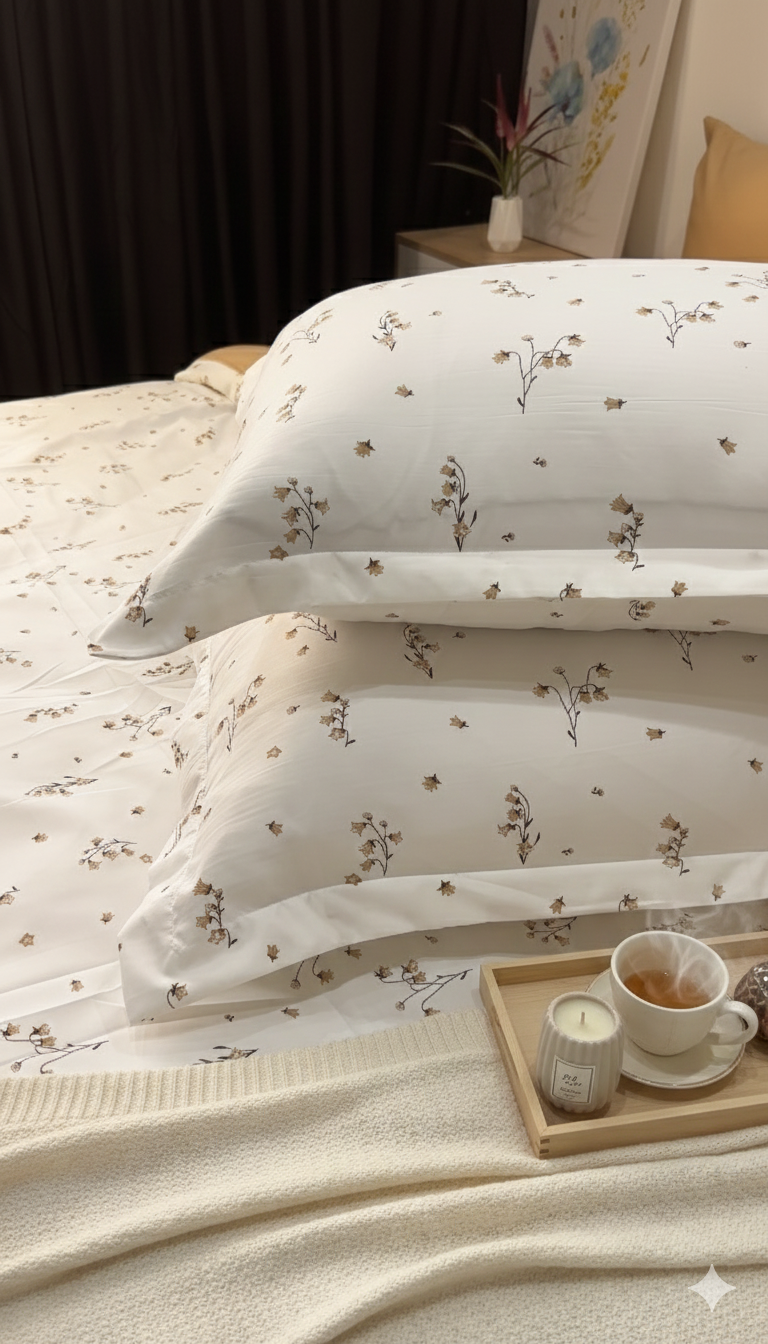 Cache Couette 2 Places - Fleurs de cloches Beige