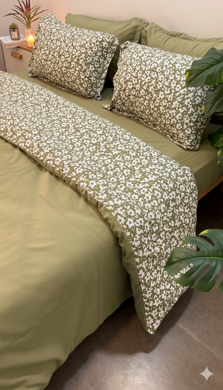 Cache Couette 2 Places - Petites Fleurs Vert