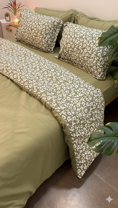 Cache Couette 2 Places - Petites Fleurs Vert