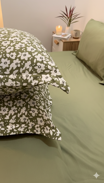 Cache Couette 2 Places - Petites Fleurs Vert