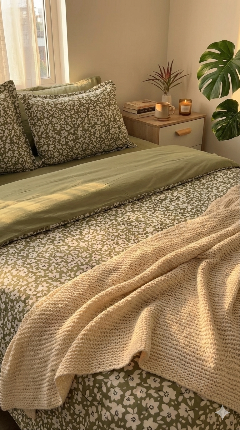 Cache Couette 2 Places - Petites Fleurs Vert