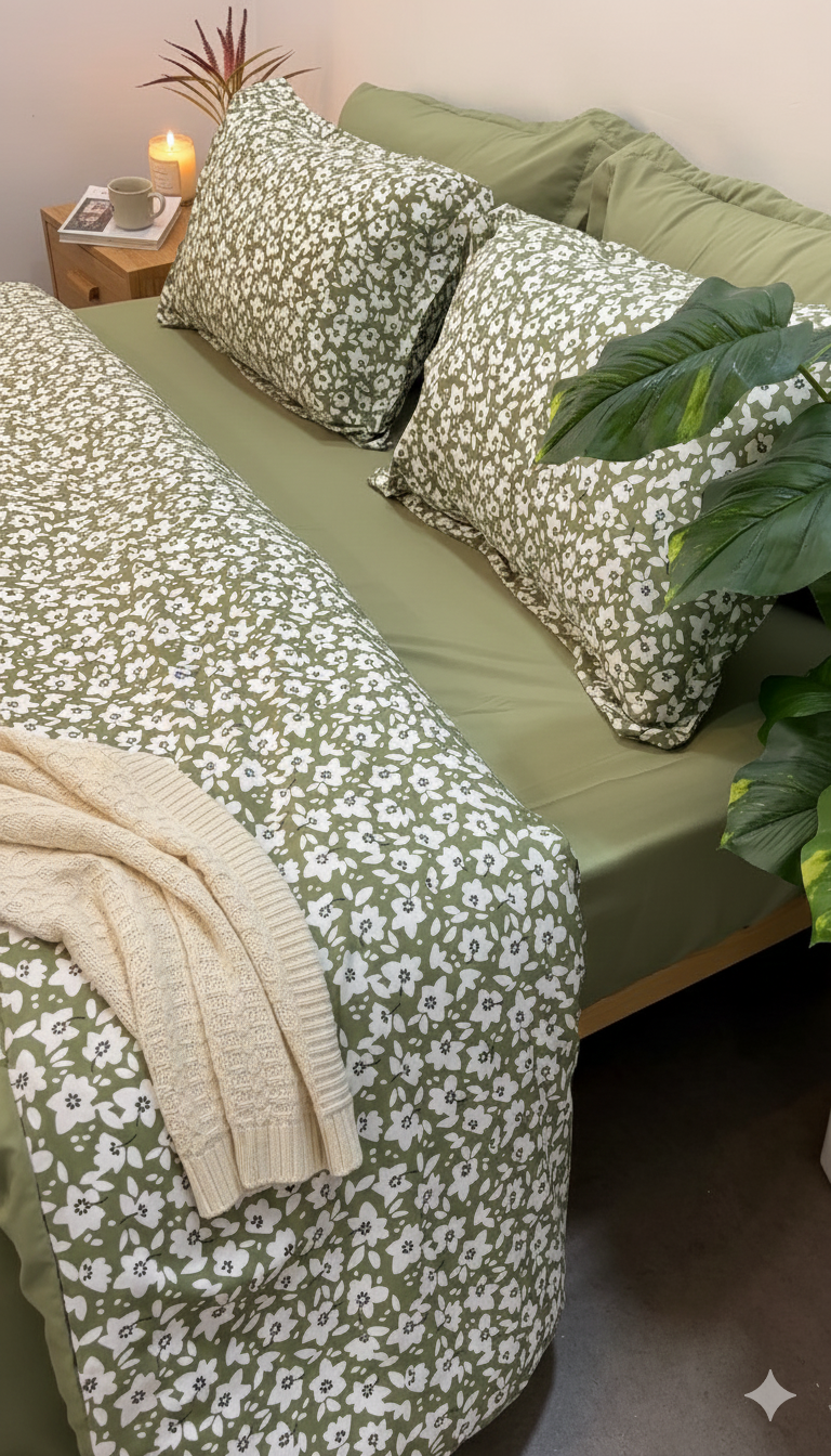 Cache Couette 2 Places - Petites Fleurs Vert