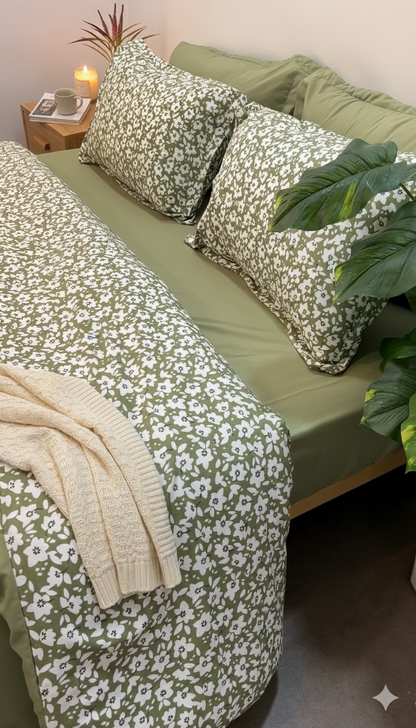 Cache Couette 2 Places - Petites Fleurs Vert