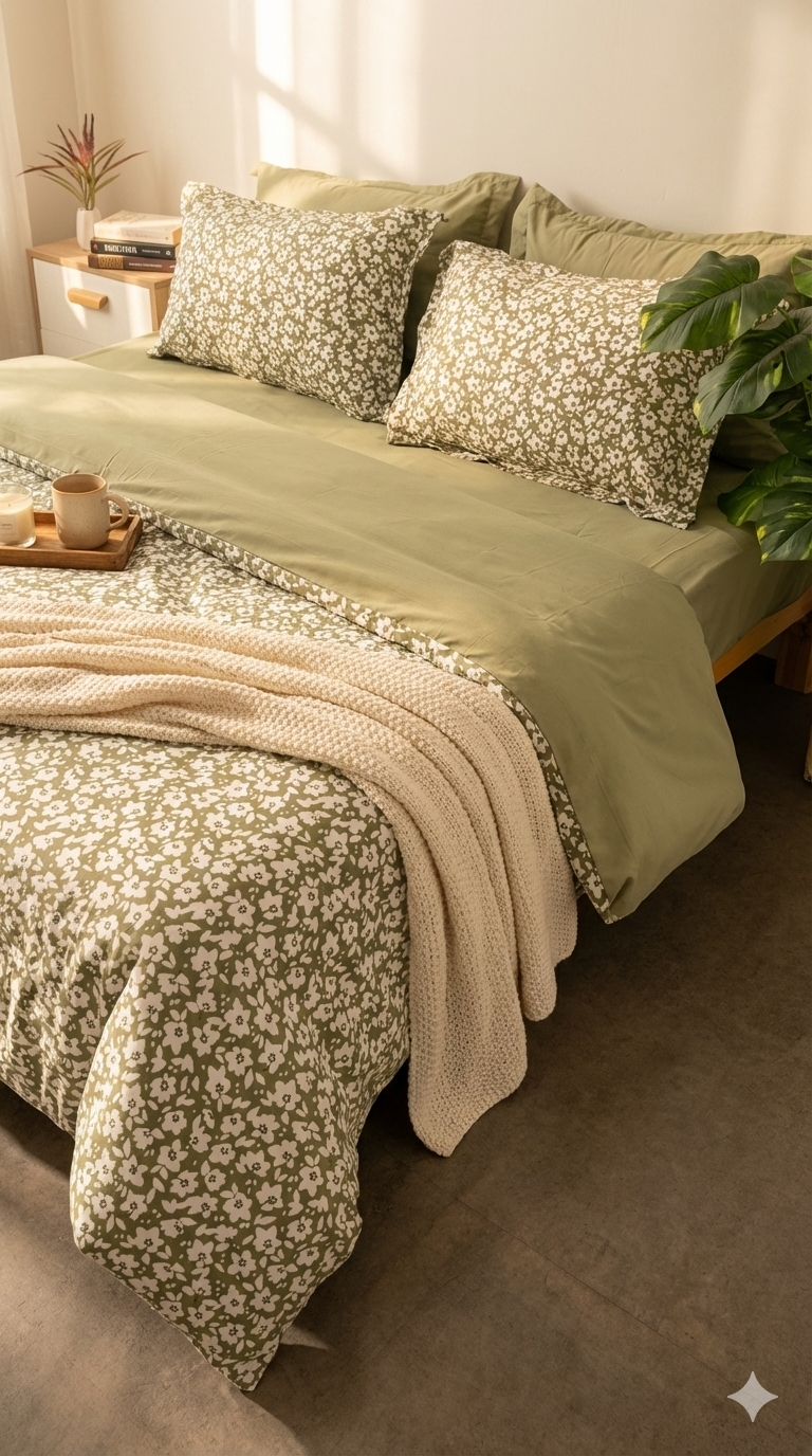 Cache Couette 2 Places - Petites Fleurs Vert