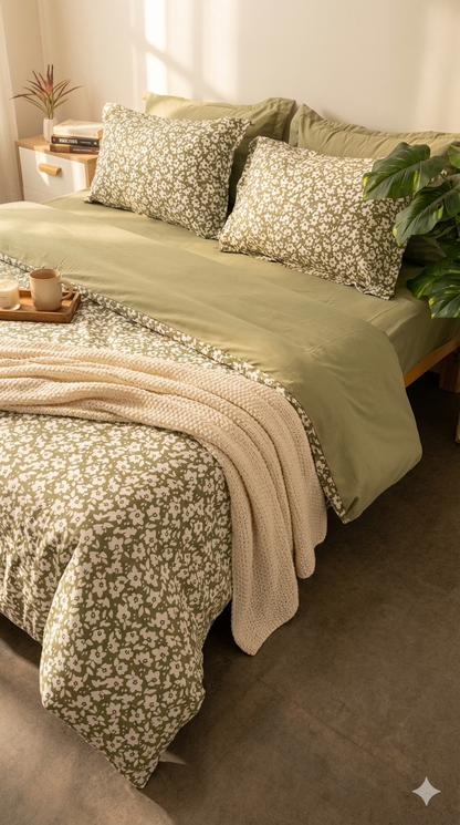 Cache Couette 2 Places - Petites Fleurs Vert