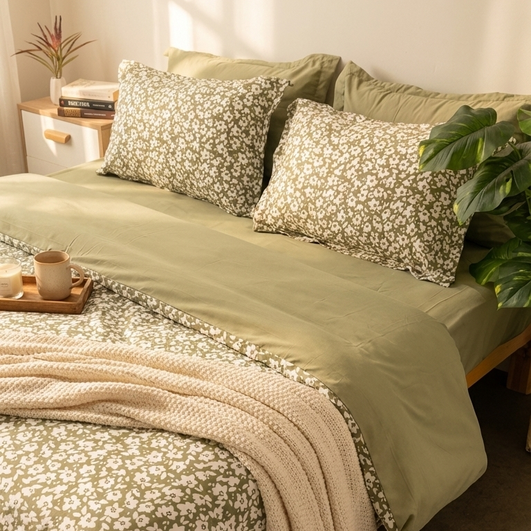 Cache Couette 2 Places - Petites Fleurs Vert