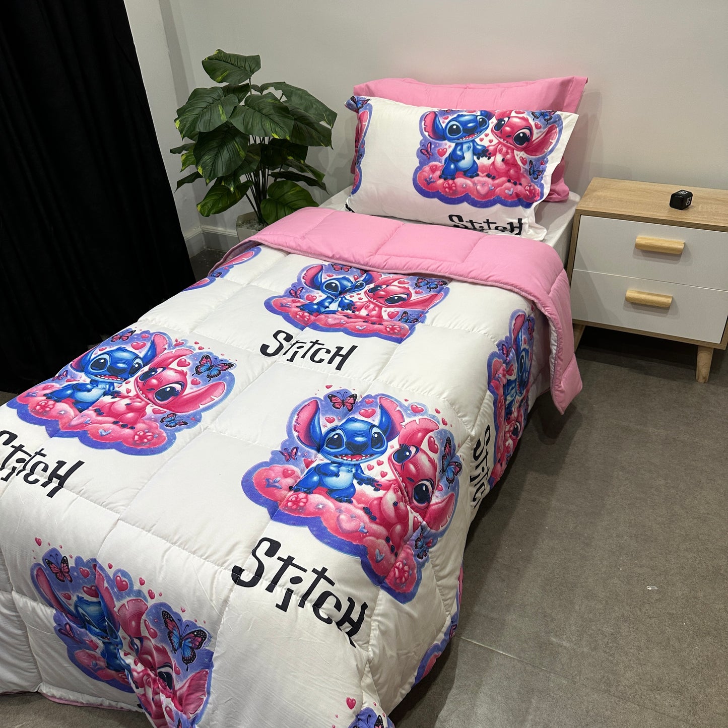 Couette 1 Place - Stitch Blanc / Rose