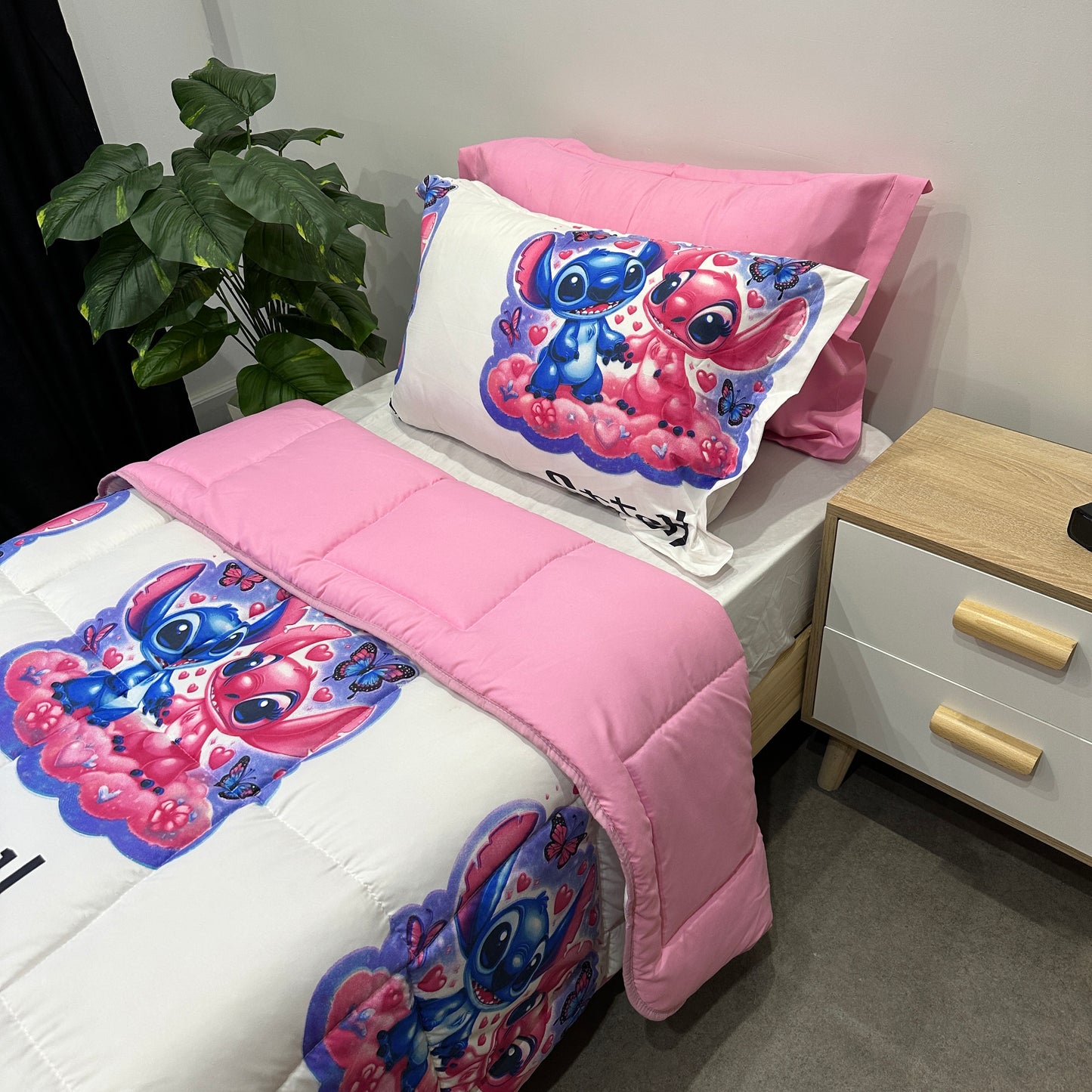 Couette 1 Place - Stitch Blanc / Rose